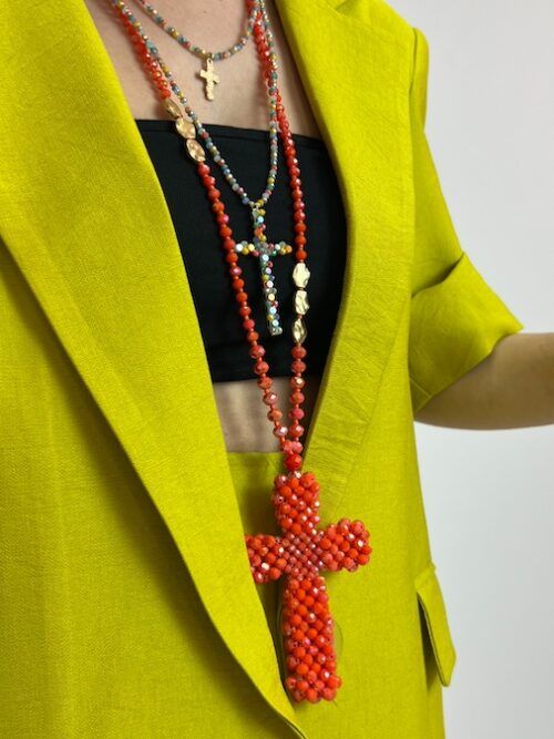 COLLAR CRISTALES CRUZ CORAL